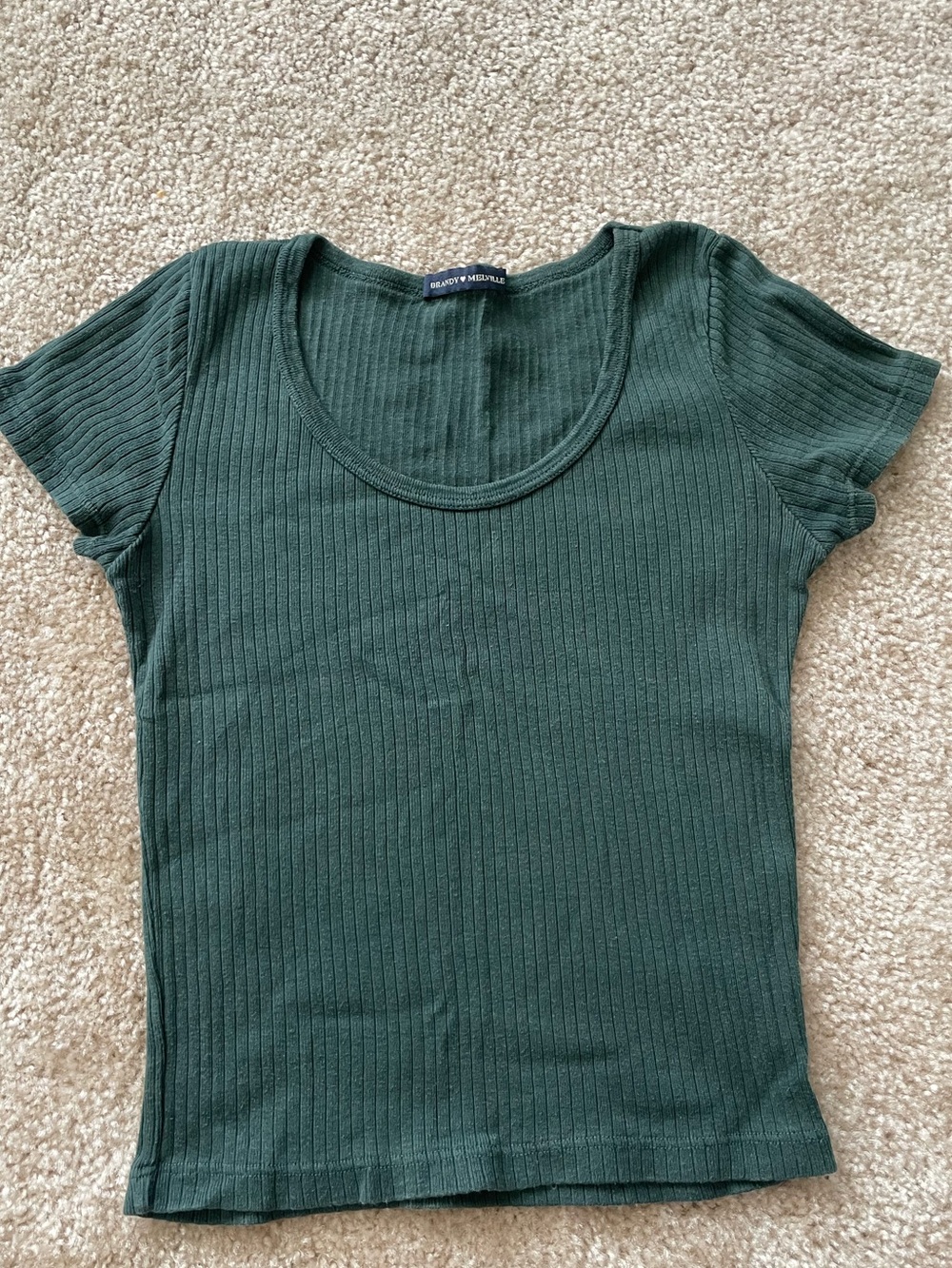 Brandy Melville Pine Green Ribbed Short Sleeve Scoop Neck Shirt O/S